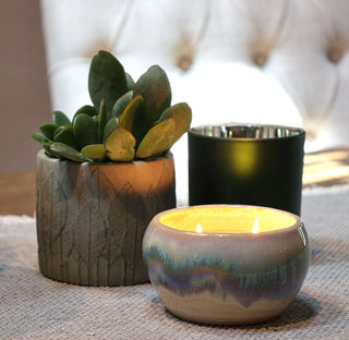 Tan & Teal Ceramic Candle