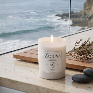 Panel 1: Lit Laguna “Harbor Mist” candle on a stone ledge with dark smooth stones and a wooden tray with foliage against an ocean background.