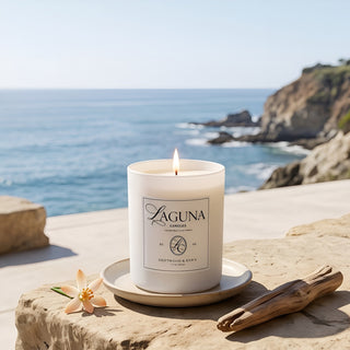 Panel 1: Lit Laguna “Driftwood & Dawn” candle on a rough-hewn sandstone ledge in a ceramic saucer, next to a single white flower and a piece of driftwood, against a stunning ocean and cliff background.