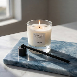 Panel 1: Lit Laguna “Forest Ave.” candle with a black candle snuffer on a blue marble tray.

