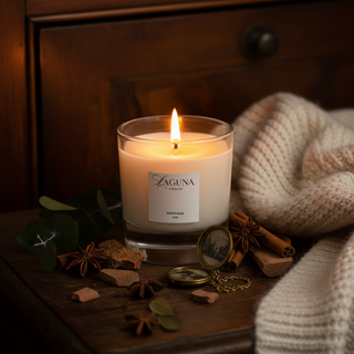 Heritage candle surrounded by warm wood textures, soft fabric and...