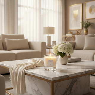 Layne candle sitting on a marble coffee table in a...